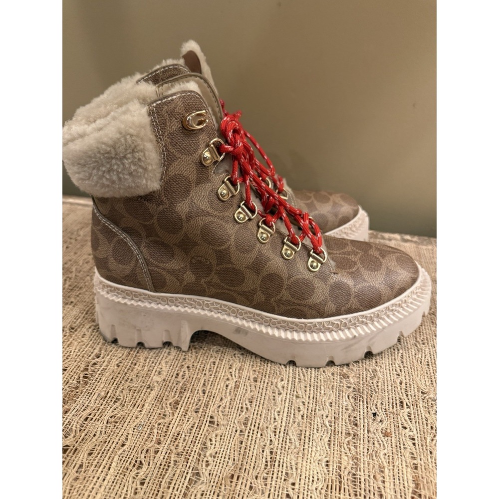 Coach Janel Signature Logo Print Shearling Accent Lug Sole Hiker Booties Sz-8.5 - Picture 5 of 14